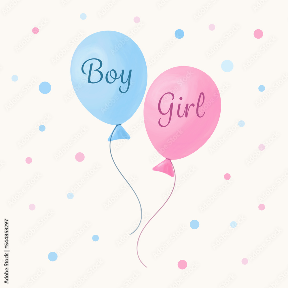 Gender reveal banner with blue and pink balloons. Boy or girl.  He or She. Vector illustration