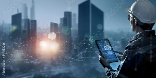 Smart industry 4.0 technology concept, engineer using data and control networking for sustainable energy, sustainable development, energy saving, increase productivity and  efficiency management