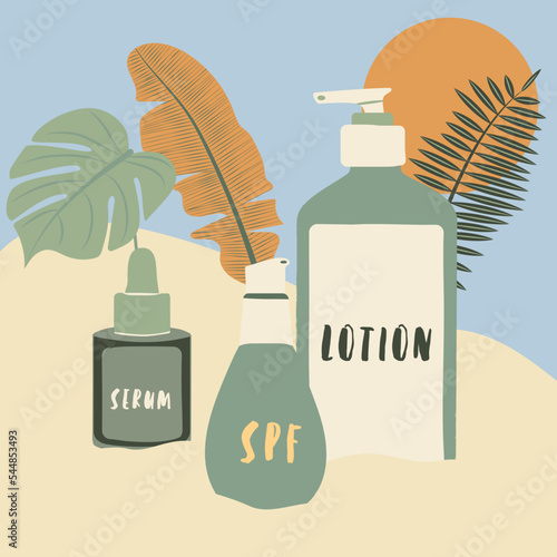 Hand drawn flat vector illustration with sun protection cosmetic products. Skin care set: cream jar, lotion tube, moisturizer, sunscreen in pastel colors. For shop, home decor, stickers.