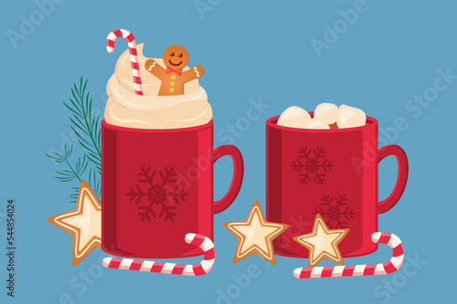 christmas winter cocoa drink cup set with gingerbread star and candy cane