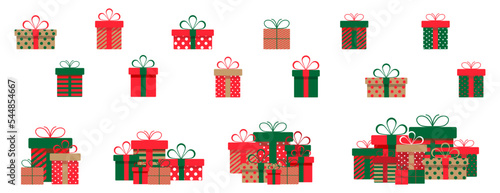Set of christmas gift boxes with ribbons and bows.A pile of christmas gift boxes.Presents in colorful wrapping with ribbons.Gift boxes stack in flat style.