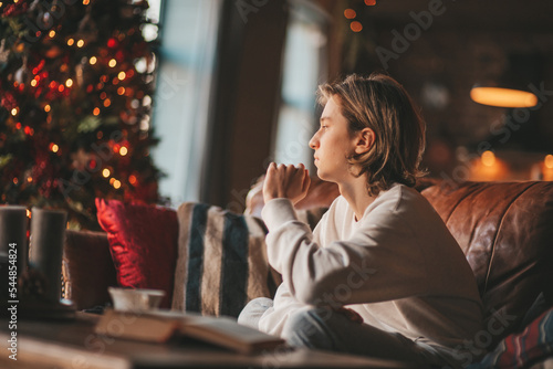Vászonkép Portrait of candid authentic dreamer boy teenager in sadness depressing emotion