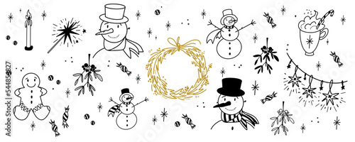 Set of Christmas design element in doodle style. New Year vector illustrations in a line style. Snowman, Christmas wreath, amela, cocoa, sparkler, Christmas cookies, garland.