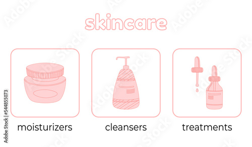 Skincare poster tubes of cosmetic product. Moisturizer, cleanser, treatment in pink color cartoon style. Vector infographic.