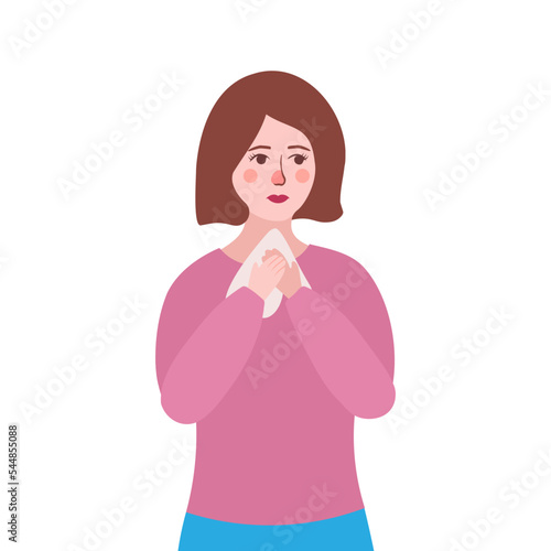 girl with a runny nose, woman caught a cold. Vector Illustration for printing, backgrounds, covers and packaging. Image can be used for posters, stickers and textile. Isolated on white background.