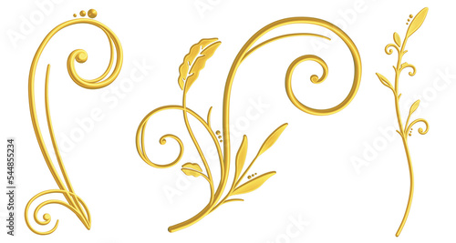 立体的な手描きのゴールドのツタ模様セット　ラスター素材