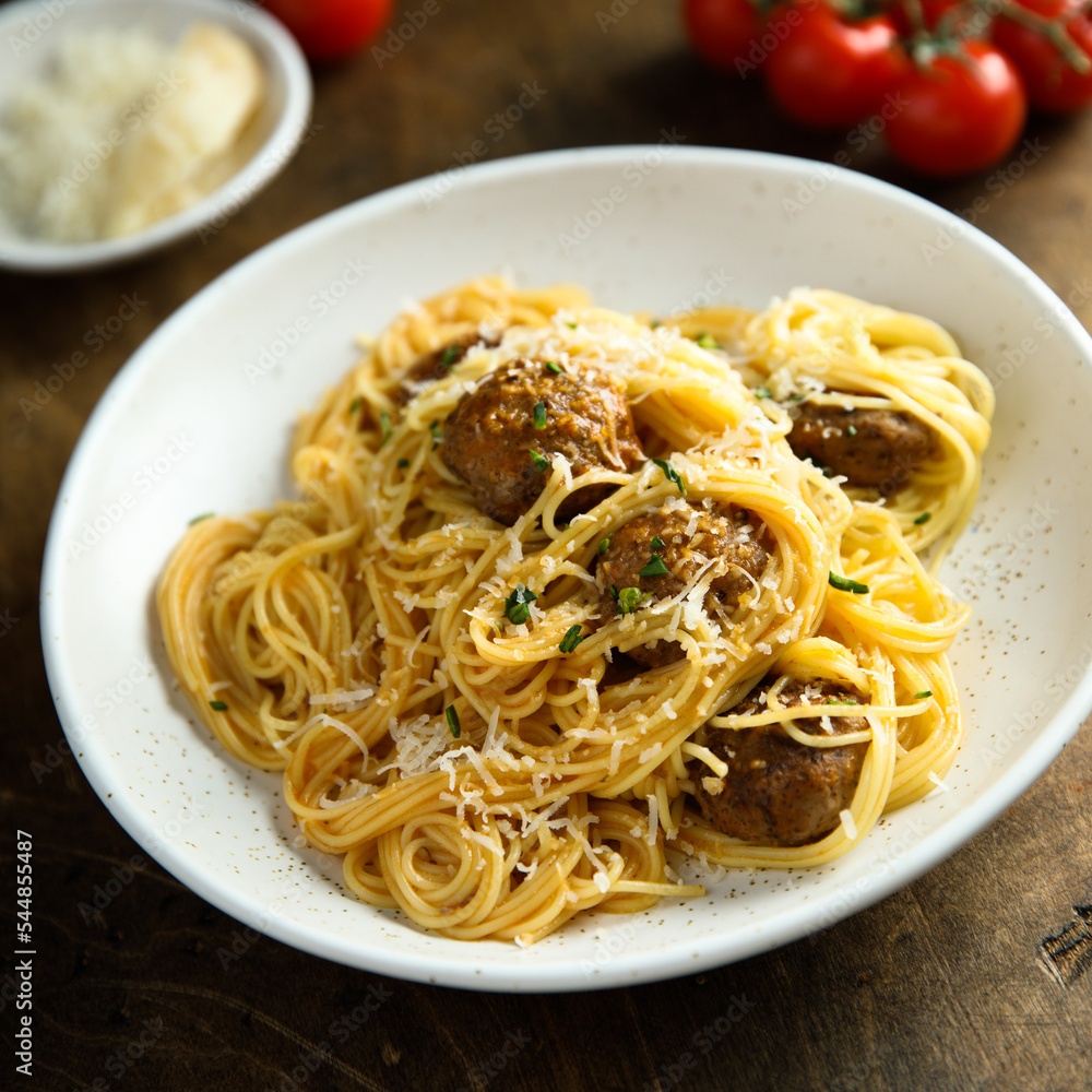 Traditional spaghetti with meatballs and tomato sauce Traditional spaghetti with meatballs and tomato sauce