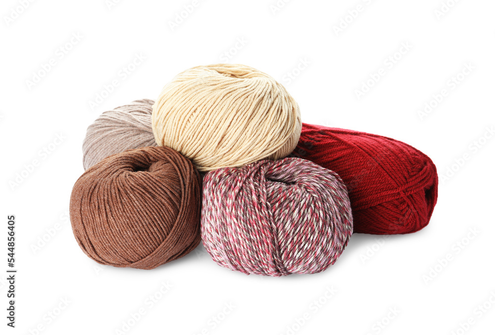 Different balls of woolen knitting yarns on white background Different balls of woolen knitting yarns on white background