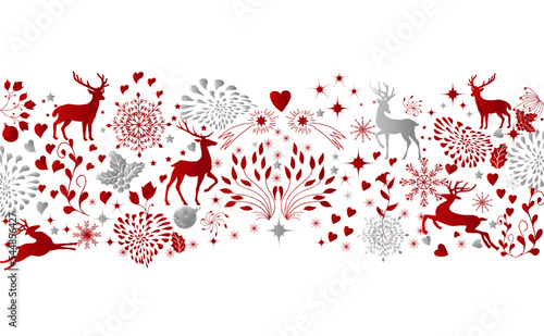 Greetings, background with New Year Christmas card, holiday greeting poster, many elements organized. Red folk scandinavian style. Stock illustration