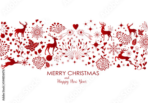 Greetings, background with New Year Christmas card, holiday greeting poster, many elements organized. Red folk scandinavian style. Stock illustration