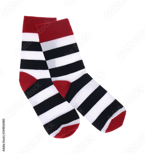Striped socks on white background, top view