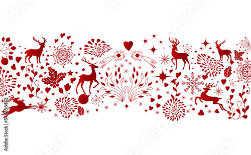 Greetings, background with New Year Christmas card, holiday greeting poster, many elements organized. Red folk scandinavian style. Stock illustration