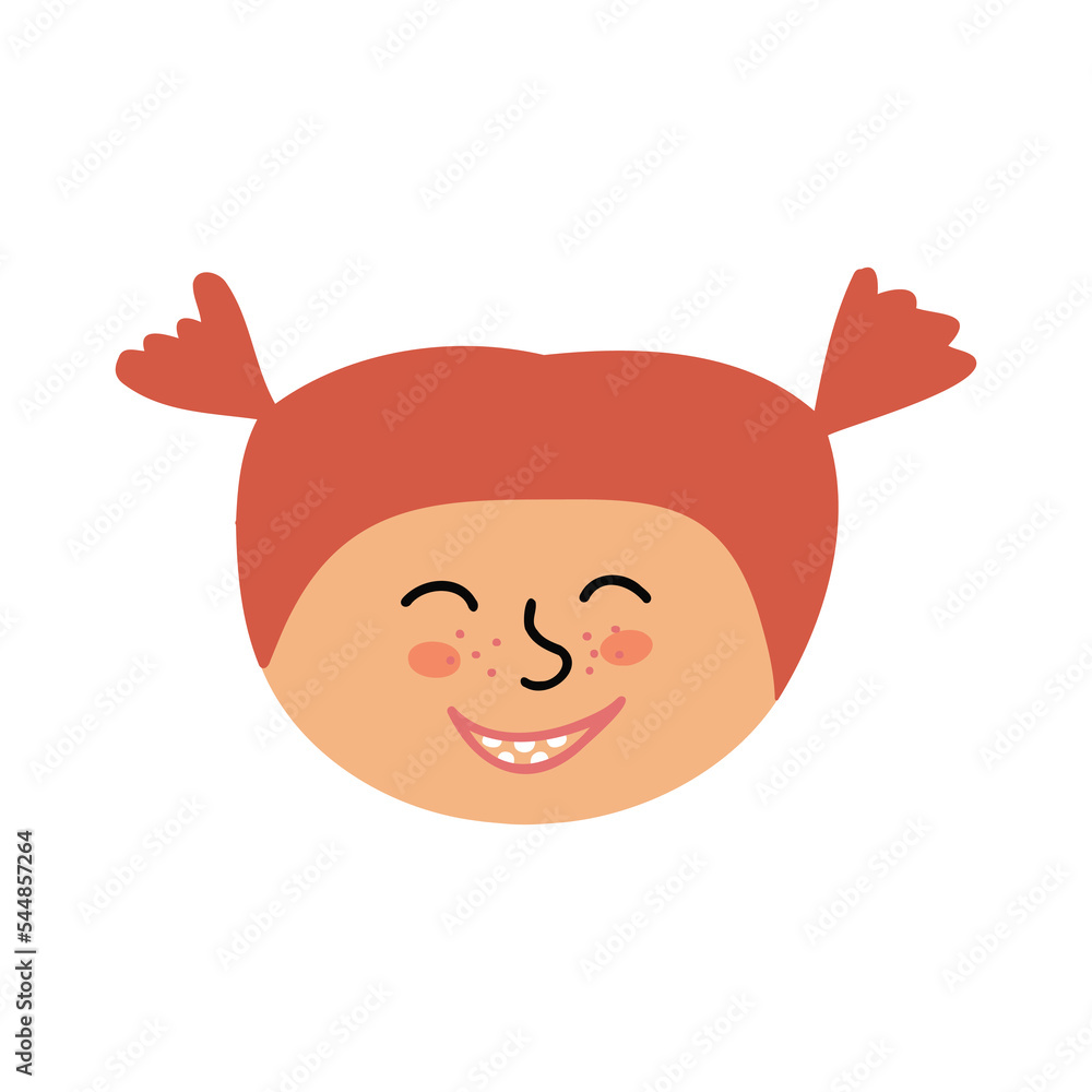 Avatar of a red-haired little girl with two ponytails. Vector Illustration for backgrounds and packaging. Image can be used for greeting cards, posters and stickers. Isolated on white background.