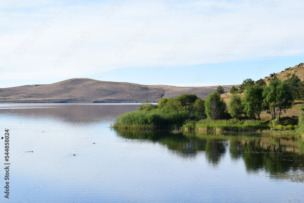 Beautiful nature view of Lake Cildir, which lies in the provinces of Ardahan and Kars in the east of Turkey. Photo taken in September 2022.