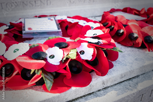 Remembrance Day Poppy Wreaths Laid On The War Memorial In Witney, Oxfordshire. photo