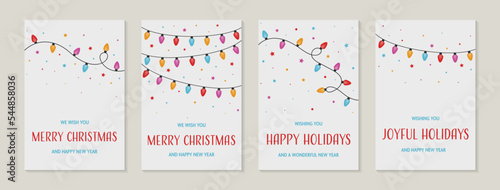 Colourful string of lights. Collection of Christmas cards with wishes. Vector illustration