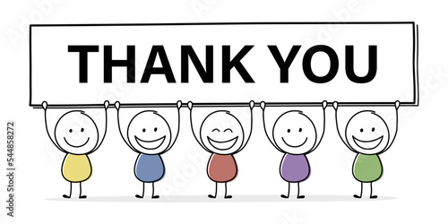 Smiley cartoon caricature with text on a board - thank you. Business concept. Vector