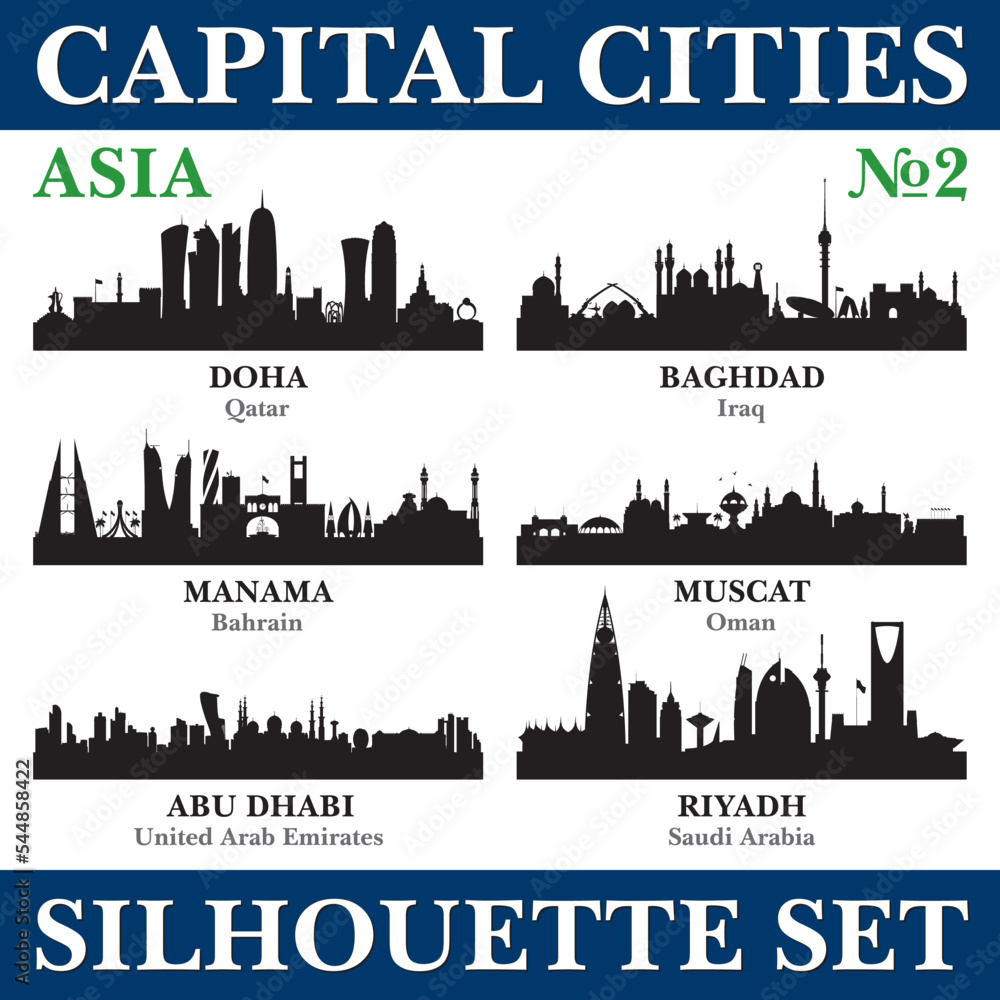 Capital cities silhouette set. Asia. Part 2