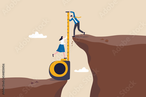 Fotobehang Gap analysis, measuring resources and strategy to reach target, comparison between current state, challenge and obstacle to overcome to success concept, business people measuring gap between cliff