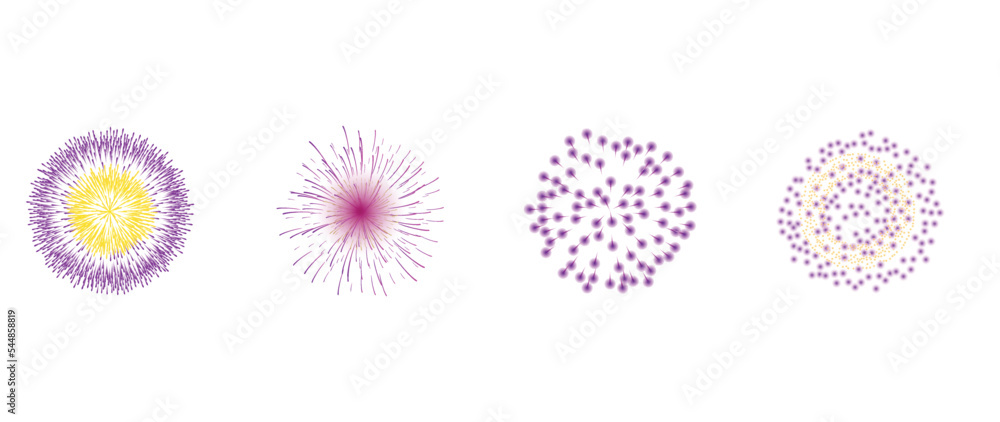 Set of new year firework vector illustration. Collection of vibrant colorful purple fireworks, burst circle shape. Art design suitable for decoration, print, poster, banner, wallpaper, card, cover. Set of new year firework vector illustration. Collection of vibrant colorful purple fireworks, burst circle shape. Art design suitable for decoration, print, poster, banner, wallpaper, card, cover.