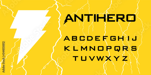 Comic book Superhero Style Alphabet. Graphic novel headline ABC. Lightning typeface. Anti Hero story font. Pop design for covers, printing and posters.