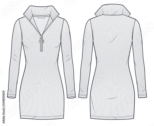 Long Sleeve Ribbed Dress technical fashion illustration. Jersey mini Dress fashion flat technical drawing template, roll neck, cropped, slim fit, zipper, front and back view, white, women CAD mockup.