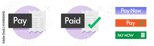 Button payment order bill action icon vector, paid done online invoice status ui graphic, success checkout confirm notice notification, completed transaction clipart set design label orange green