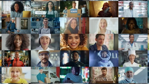 Stylish Zoom Out Montage of Smiling Mixed Race Woman Becoming Part of Multi-Ethnic Group of People with Diverse Gender, Ethnicity Looking at Camera. Collection of Happy Portraits in Edited Collage