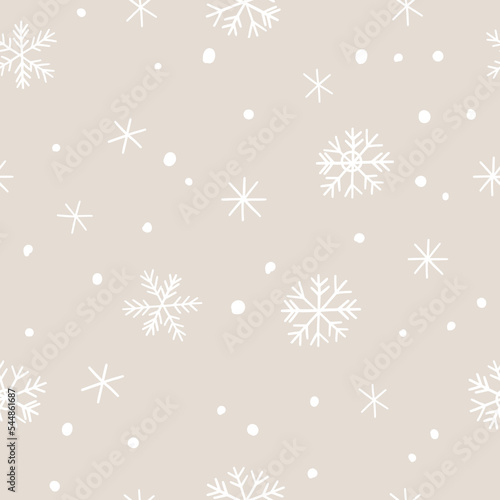 Winter snow vector seamless pattern. Minimalist scandinavian repeat background with abstract snowflakes in beige and white colours.
