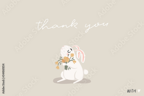 Cute Thank you card witch little white bunny with yellow flowers bouquet. Hand drawn adorable cartoon flat illustration postcard. Gratitude, thankyou vector 