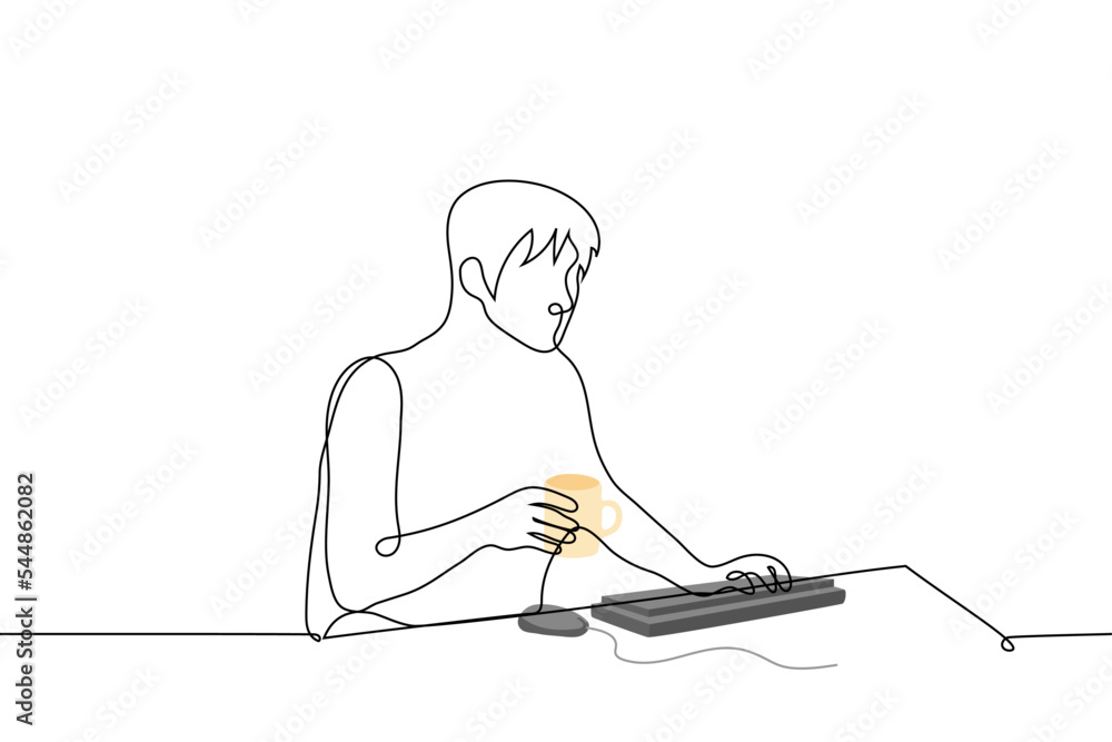 man holding mug sitting at computer - one line drawing vector. concept freelancer drinks tea from a mug while working man holding mug sitting at computer - one line drawing vector. concept freelancer drinks tea from a mug while working