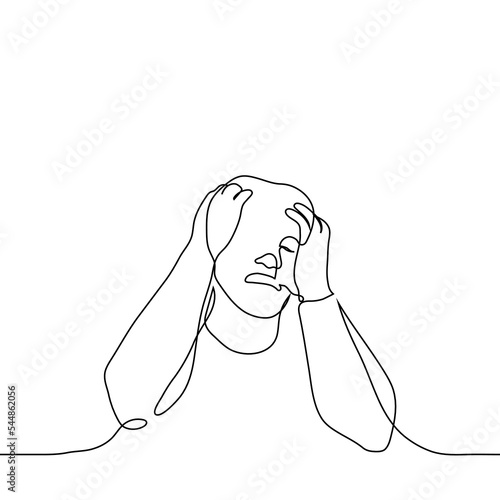 man clutching his head and screaming - one line drawing vector. concept migraine, despair, go crazy