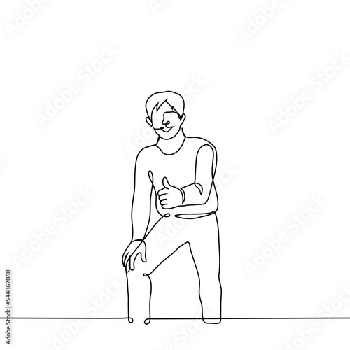 man in squat showing thumb up and smiling - one line drawing vector. the concept of greetings, congratulations, motivation, approval