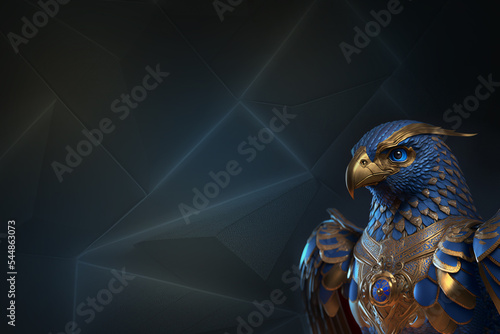 portrait of a eagle with a golden armor, detailed, filigree, clean background, space for text, clean background, structure, generative ai