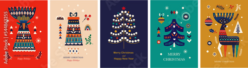 Christmas illustrations in Scandinavian folk style with deers, Christmas tree, gift	