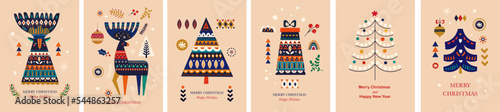 Christmas decorative tags with Christmas deer, gift boxes and Christmas tree. Christmas collection in Scandinavian style