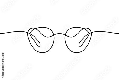 Glasses in continuous line art drawing style. Front view of eyeglasses minimalist black linear sketch isolated on white background. Vector illustration