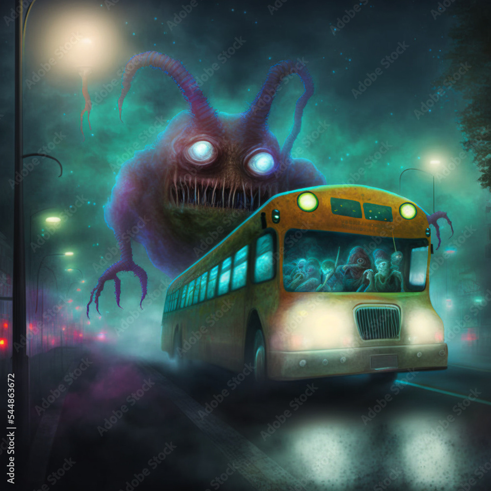Nightmare scary monsters riding a bus. Horrible aliens at the bus stop