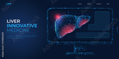Digital 3d low poly model of the human liver. Concept for the treatment of cirrhosis, a hepatitis disease. Abstract background vector illustration.