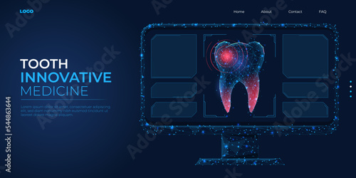 Digital 3d low poly tooth model. Dental treatment concept. Abstract background vector illustration.
