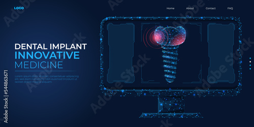Digital 3d low poly model of a dental implant. Wireframe concept of healthy teeth, oral hygiene, dental care. Abstract background vector illustration.