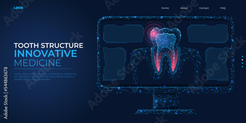 Digital 3d low poly model tooth structure. Wireframe concept of healthy teeth, oral hygiene, dental care. Abstract background vector illustration.