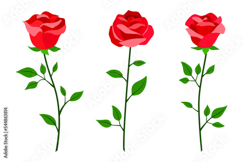 Set of red roses in a flat style. Silhouettes of blooming roses. Modern elegant floral pattern. Abstract set of three flowers with leaves. Perfect for your own decor or design. Vector illustration