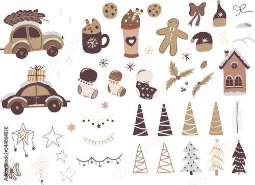 Set of Christmas and New Year elements. Hand drawn illustration. Cute cars, sweets, trees, houses, and other elements. Best for New Year or Christmas design