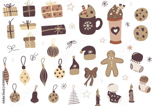 Set of Christmas and New Year elements. Hand drawn illustration. Cute cars, sweets, trees, houses, and other elements. Best for New Year or Christmas design