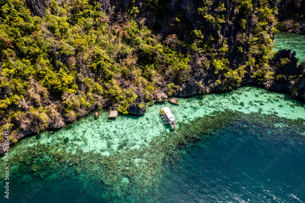Aerial view of Twin Lagoon turquoise waters with a drone The Philippines Coron 
