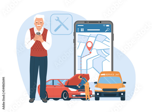 Roadside assistance service concept. Elderly man called auto mechanic from roadside assistance. Vector illustration.