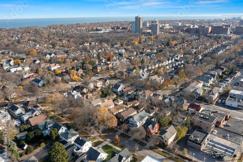 Milwaukee, WI USA - November 09 , 2022: Aerial view of Milwaukee Wisconsin featuring Shorewood. Taken from approx the corner of E Beverly Road and Oakland Ave looking SE towards UWM photo