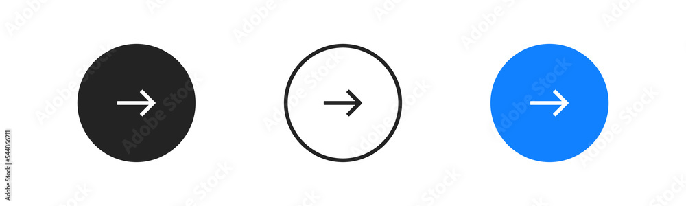 Right arrow icon in blue circle on white background. Next, continue, navigation signs. Ui interface. Enter, redirection symbols. Flat design. Right arrow icon in blue circle on white background. Next, continue, navigation signs. Ui interface. Enter, redirection symbols. Flat design.