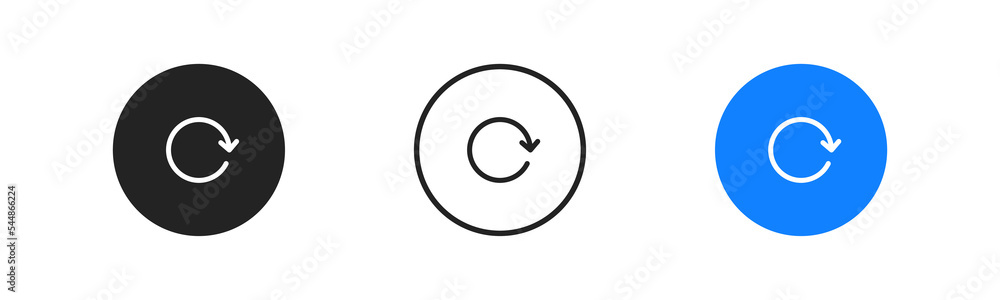 Refresh page icon on white background. Reload webpage arrow in blue circle. Ui interface. Reset, repeat symbols. Flat design. Refresh page icon on white background. Reload webpage arrow in blue circle. Ui interface. Reset, repeat symbols. Flat design.
